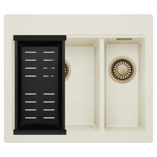 HD Aspen White 58 kétmedencés gránit mosogatótálca szett, matt fekete csepegtetőkosárral, tört fehér színben, szálcsiszolt arany leeresztő szifonnal