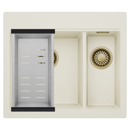 HD Aspen White 58 kétmedencés gránit mosogatótálca szett, acél csepegtetőkosárral, tört fehér színben, szálcsiszolt arany leeresztő szifonnal