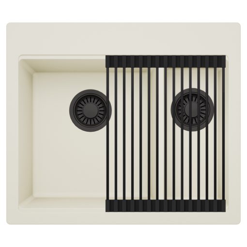 HD Aspen White 58 kétmedencés gránit mosogatótálca szett, matt fekete csepegtetőráccsal, tört fehér színben, matt fekete leeresztő szifonnal