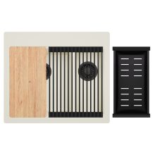 HD Aspen White 58 kétmedencés gránit mosogatótálca szett, vágódeszkával, matt fekete csepegtetőráccsal és kosárral, tört fehér színben, matt fekete leeresztő szifonnal