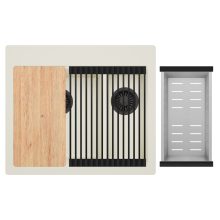 HD Aspen White 58 kétmedencés gránit mosogatótálca szett, vágódeszkával, matt fekete csepegtetőráccsal és krómozott kosárral, tört fehér színben, matt fekete leeresztő szifonnal