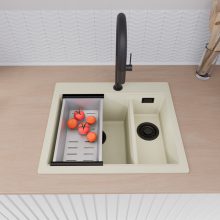 HD Aspen White 58 kétmedencés gránit mosogatótálca szett, vágódeszkával, matt fekete csepegtetőráccsal és krómozott kosárral, tört fehér színben, matt fekete leeresztő szifonnal