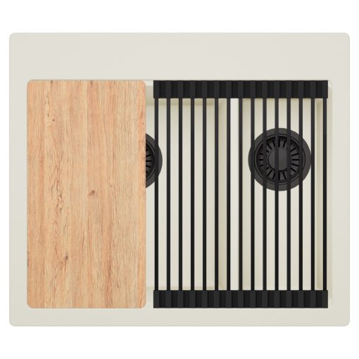 HD Aspen White 58 kétmedencés gránit mosogatótálca szett, vágódeszkával, matt fekete csepegtetőráccsal, tört fehér színben, matt fekete leeresztő szifonnal