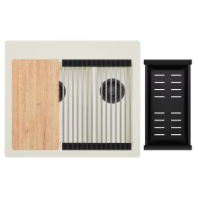 HD Aspen White 58 kétmedencés gránit mosogatótálca szett, vágódeszkával, acél csepegtetőráccsal és matt fekete kosárral, tört fehér színben, matt fekete leeresztő szifonnal