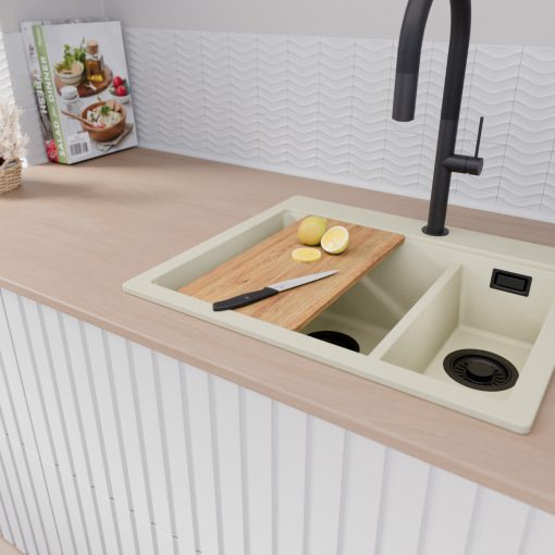 HD Aspen White 58 kétmedencés gránit mosogatótálca szett, vágódeszkával, acél csepegtetőráccsal és matt fekete kosárral, tört fehér színben, matt fekete leeresztő szifonnal