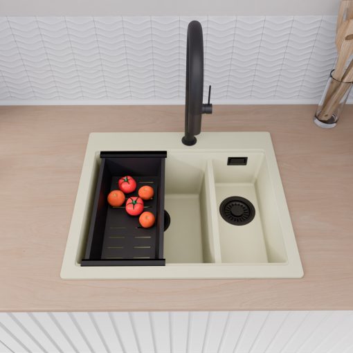 HD Aspen White 58 kétmedencés gránit mosogatótálca szett, vágódeszkával, acél csepegtetőráccsal és matt fekete kosárral, tört fehér színben, matt fekete leeresztő szifonnal