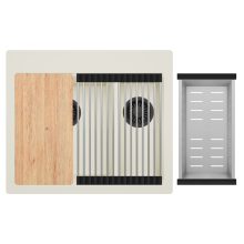 HD Aspen White 58 kétmedencés gránit mosogatótálca szett, vágódeszkával, acél csepegtetőráccsal és kosárral, tört fehér színben, matt fekete leeresztő szifonnal