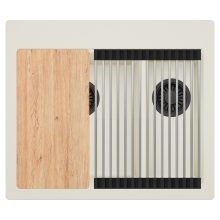 HD Aspen White 58 kétmedencés gránit mosogatótálca szett, vágódeszkával, acél csepegtetőráccsal, tört fehér színben, matt fekete leeresztő szifonnal