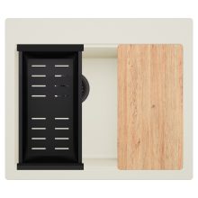 HD Aspen White 58 kétmedencés gránit mosogatótálca szett, vágódeszkával, matt fekete csepegtetőkosárral, tört fehér színben, matt fekete leeresztő szifonnal