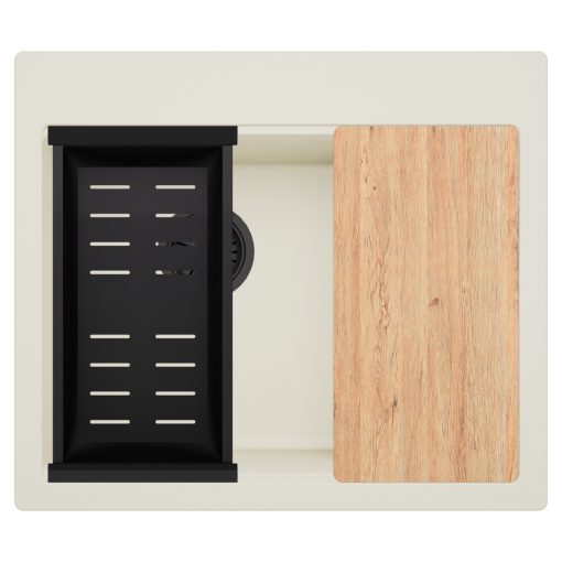 HD Aspen White 58 kétmedencés gránit mosogatótálca szett, vágódeszkával, matt fekete csepegtetőkosárral, tört fehér színben, matt fekete leeresztő szifonnal