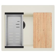 HD Aspen White 58 kétmedencés gránit mosogatótálca szett, vágódeszkával, acél csepegtetőkosárral, tört fehér színben, matt fekete leeresztő szifonnal