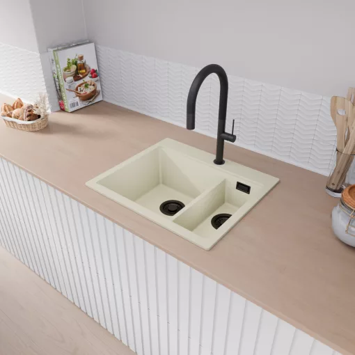 HD Aspen White 58 kétmedencés gránit mosogatótálca, vágódeszkával, vágódeszkával, tört fehér színben, matt fekete leeresztő szifonnal