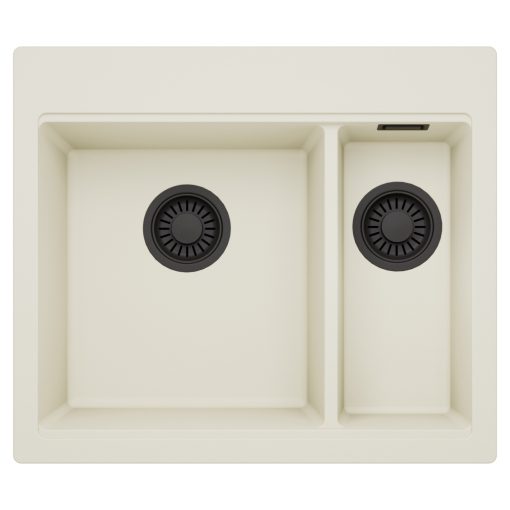 HD Aspen White 58 kétmedencés gránit mosogatótálca, tört fehér színben, matt fekete leeresztő szifonnal