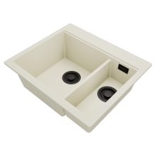 HD Aspen White 58 kétmedencés gránit mosogatótálca, tört fehér színben, matt fekete leeresztő szifonnal