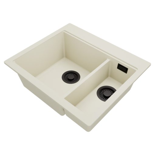 HD Aspen White 58 kétmedencés gránit mosogatótálca, tört fehér színben, matt fekete leeresztő szifonnal