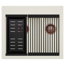 HD Aspen White 58 kétmedencés gránit mosogatótálca szett, matt fekete csepegtetőráccsal és kosárral, tört fehér színben, szálcsiszolt réz leeresztő szifonnal