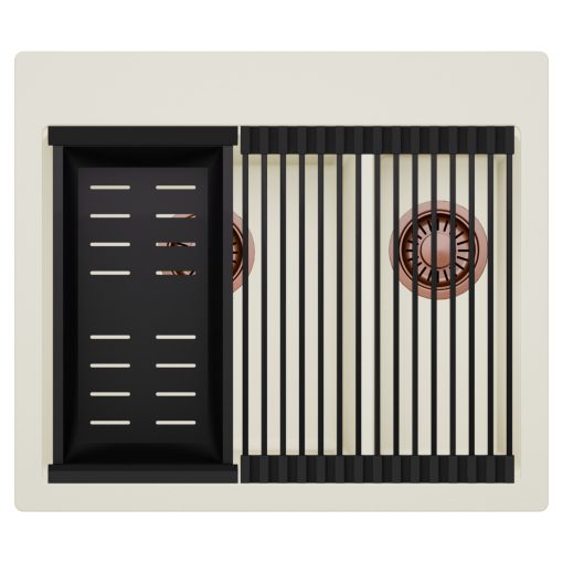 HD Aspen White 58 kétmedencés gránit mosogatótálca szett, matt fekete csepegtetőráccsal és kosárral, tört fehér színben, szálcsiszolt réz leeresztő szifonnal