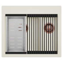 HD Aspen White 58 kétmedencés gránit mosogatótálca szett, matt fekete csepegtetőráccsal és krómozott kosárral, tört fehér színben, szálcsiszolt réz leeresztő szifonnal