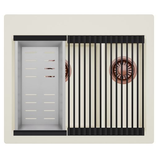 HD Aspen White 58 kétmedencés gránit mosogatótálca szett, matt fekete csepegtetőráccsal és krómozott kosárral, tört fehér színben, szálcsiszolt réz leeresztő szifonnal