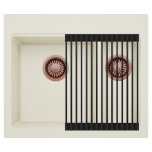 HD Aspen White 58 kétmedencés gránit mosogatótálca szett, matt fekete csepegtetőráccsal, tört fehér színben, szálcsiszolt réz leeresztő szifonnal