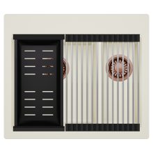 HD Aspen White 58 kétmedencés gránit mosogatótálca szett, acél csepegtetőráccsal és matt fekete kosárral, tört fehér színben, szálcsiszolt réz leeresztő szifonnal