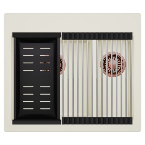 HD Aspen White 58 kétmedencés gránit mosogatótálca szett, acél csepegtetőráccsal és matt fekete kosárral, tört fehér színben, szálcsiszolt réz leeresztő szifonnal