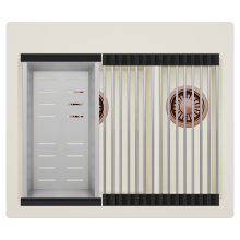 HD Aspen White 58 kétmedencés gránit mosogatótálca szett, acél csepegtetőráccsal és kosárral, tört fehér színben, szálcsiszolt réz leeresztő szifonnal