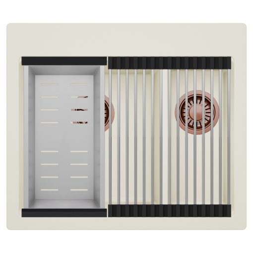 HD Aspen White 58 kétmedencés gránit mosogatótálca szett, acél csepegtetőráccsal és kosárral, tört fehér színben, szálcsiszolt réz leeresztő szifonnal