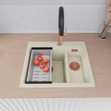 HD Aspen White 58 kétmedencés gránit mosogatótálca szett, vágódeszkával, matt fekete csepegtetőráccsal és krómozott kosárral, tört fehér színben, szálcsiszolt réz leeresztő szifonnal