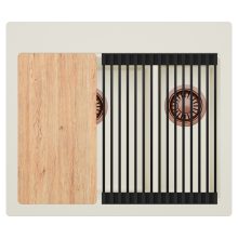 HD Aspen White 58 kétmedencés gránit mosogatótálca szett, vágódeszkával, matt fekete csepegtetőráccsal, tört fehér színben, szálcsiszolt réz leeresztő szifonnal