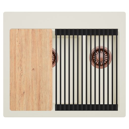 HD Aspen White 58 kétmedencés gránit mosogatótálca szett, vágódeszkával, matt fekete csepegtetőráccsal, tört fehér színben, szálcsiszolt réz leeresztő szifonnal