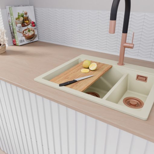 HD Aspen White 58 kétmedencés gránit mosogatótálca szett, vágódeszkával, matt fekete csepegtetőráccsal, tört fehér színben, szálcsiszolt réz leeresztő szifonnal