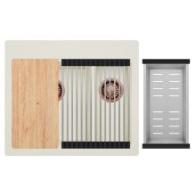 HD Aspen White 58 kétmedencés gránit mosogatótálca szett, vágódeszkával, acél csepegtetőráccsal és kosárral, tört fehér színben, szálcsiszolt réz leeresztő szifonnal