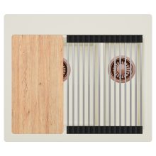 HD Aspen White 58 kétmedencés gránit mosogatótálca szett, vágódeszkával, acél csepegtetőráccsal, tört fehér színben, szálcsiszolt réz leeresztő szifonnal