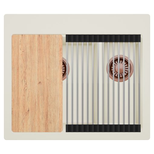 HD Aspen White 58 kétmedencés gránit mosogatótálca szett, vágódeszkával, acél csepegtetőráccsal, tört fehér színben, szálcsiszolt réz leeresztő szifonnal