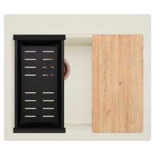 HD Aspen White 58 kétmedencés gránit mosogatótálca szett, vágódeszkával, matt fekete csepegtetőkosárral, tört fehér színben, szálcsiszolt réz leeresztő szifonnal