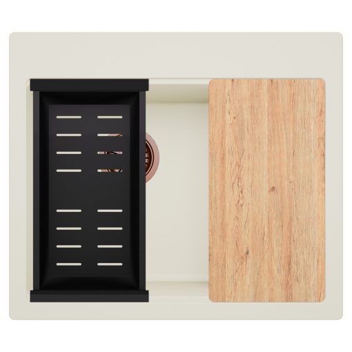 HD Aspen White 58 kétmedencés gránit mosogatótálca szett, vágódeszkával, matt fekete csepegtetőkosárral, tört fehér színben, szálcsiszolt réz leeresztő szifonnal