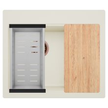 HD Aspen White 58 kétmedencés gránit mosogatótálca szett, vágódeszkával, acél csepegtetőkosárral, tört fehér színben, szálcsiszolt réz leeresztő szifonnal