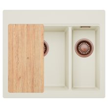 HD Aspen White 58 kétmedencés gránit mosogatótálca, vágódeszkával, tört fehér színben, szálcsiszolt réz leeresztő szifonnal