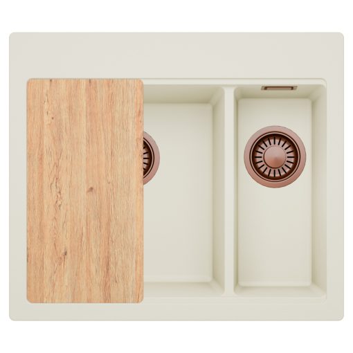 HD Aspen White 58 kétmedencés gránit mosogatótálca, vágódeszkával, tört fehér színben, szálcsiszolt réz leeresztő szifonnal