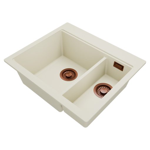 HD Aspen White 58 kétmedencés gránit mosogatótálca, vágódeszkával, tört fehér színben, szálcsiszolt réz leeresztő szifonnal