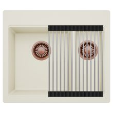 HD Aspen White 58 kétmedencés gránit mosogatótálca szett, acél csepegtetőráccsal, tört fehér színben, szálcsiszolt réz leeresztő szifonnal