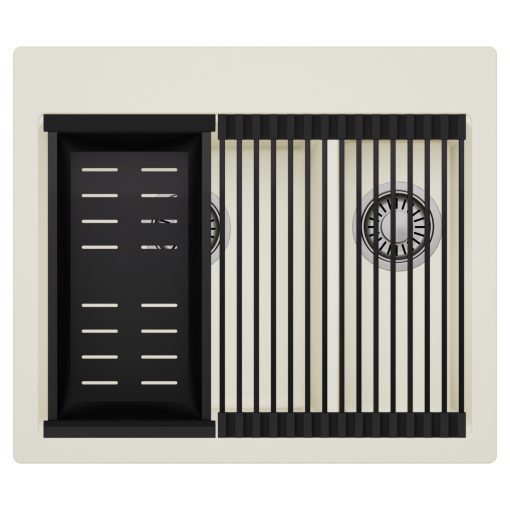 HD Aspen White 58 kétmedencés gránit mosogatótálca szett, matt fekete csepegtetőráccsal és kosárral, tört fehér színben