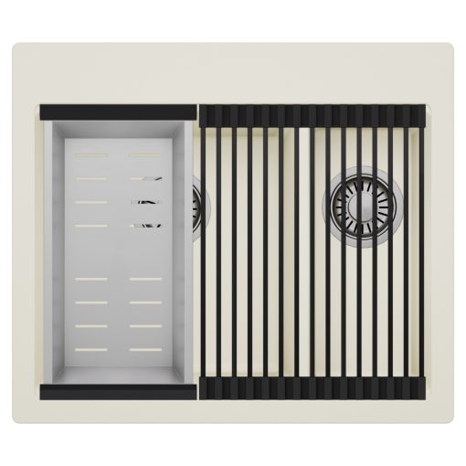 HD Aspen White 58 kétmedencés gránit mosogatótálca szett, matt fekete csepegtetőráccsal és krómozott kosárral, tört fehér színben