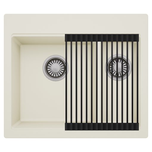 HD Aspen White 58 kétmedencés gránit mosogatótálca szett, matt fekete csepegtetőráccsal, tört fehér színben