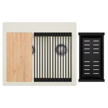 HD Aspen White 58 kétmedencés gránit mosogatótálca szett, vágódeszkával, matt fekete csepegtetőráccsal és kosárral, tört fehér színben