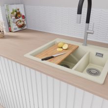 HD Aspen White 58 kétmedencés gránit mosogatótálca szett, vágódeszkával, matt fekete csepegtetőráccsal, tört fehér színben