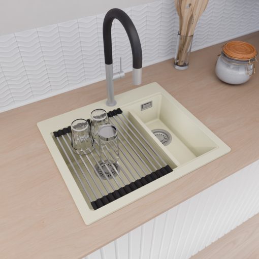 HD Aspen White 58 kétmedencés gránit mosogatótálca szett, vágódeszkával, vágódeszkával, acél csepegtetőráccsal és matt fekete kosárral, tört fehér színben