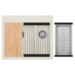   HD Aspen White 58 kétmedencés gránit mosogatótálca szett, vágódeszkával, acél csepegtetőráccsal és kosárral, tört fehér színben