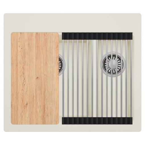 HD Aspen White 58 kétmedencés gránit mosogatótálca szett, vágódeszkával, vágódeszkával, acél csepegtetőráccsal, tört fehér színben